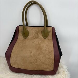 Pour La Victoire Tote Bag‎ Leather Black Beige Faux Fur Purse Handbag Colorblock